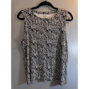 Nine West Soft Spun Sleeveless Top Black White Geometric Maze Print Shell XL